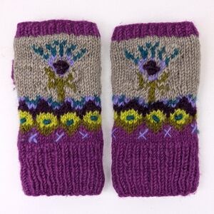 Sundance Lost Horizons Fingerless Mittens Wool Hand Knit Nepal Floral Purple